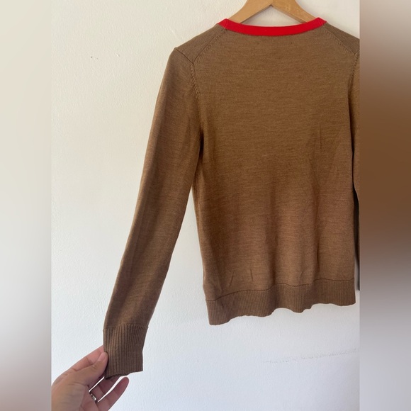 Coach Wool Tan With Red Trim Button-Up V-Neck Knit Cardigan Sweater Size Small - Picture 7 of 8